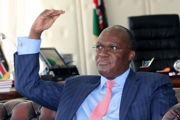 Transport Cabinet Secretary James Macharia responds to questions during an interview at Transcom House in Nairobi on March 16, 2017. He said that Kenya Airways formally requested the US federal aviation department for a licence to fly directly to the US.
