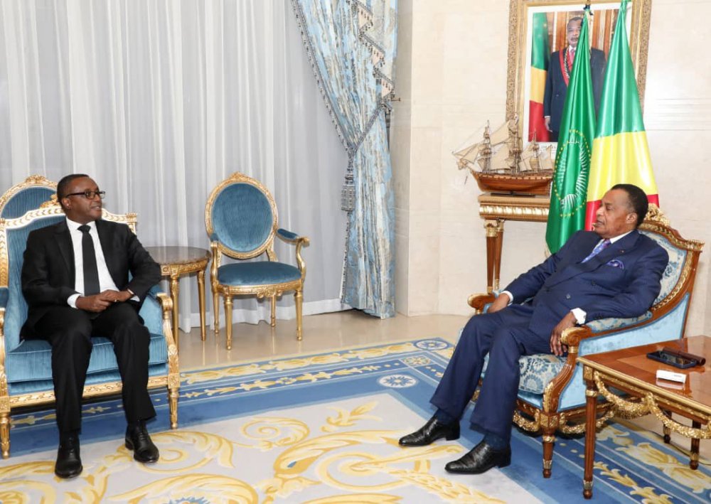 Minister Biruta delivering a message from President Kagame to Sassou-N’Guesso.  