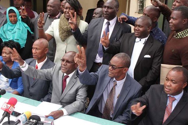 From left to right, Acting Ford Kenya National Chairperson Joel Nuhu, Deputy Party Leader Bonnie Khalwalwe, Secretary General Esieli Simiyu, Chief Whip Chris Wamalwa with other party members during a press conference at party’s headquarters in Nairobi on November 8, 2016.