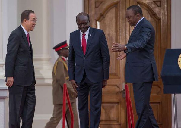 President Uhuru Kenyatta converses with UN Secretary-General Ban Ki-moon and Secretary-General of Unctad Mukhisa Kituyi after a joint media briefing at State House, Nairobi, on July 17, 2016. Uganda President Yoweri Museveni was expected to join the leaders but made a last-minute change to stay in Kigali and support his country’s bid for the AU Commission chairmanship.