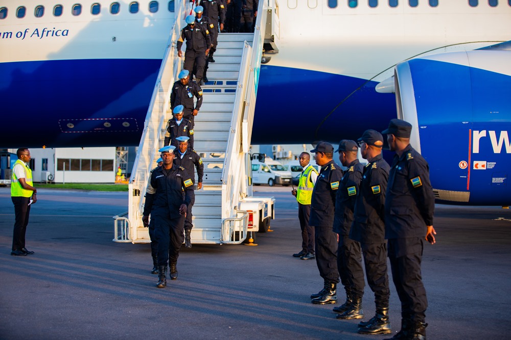 Commissioner of Police (CP) Denis Basabose received the contingent at Kigali International Airport.