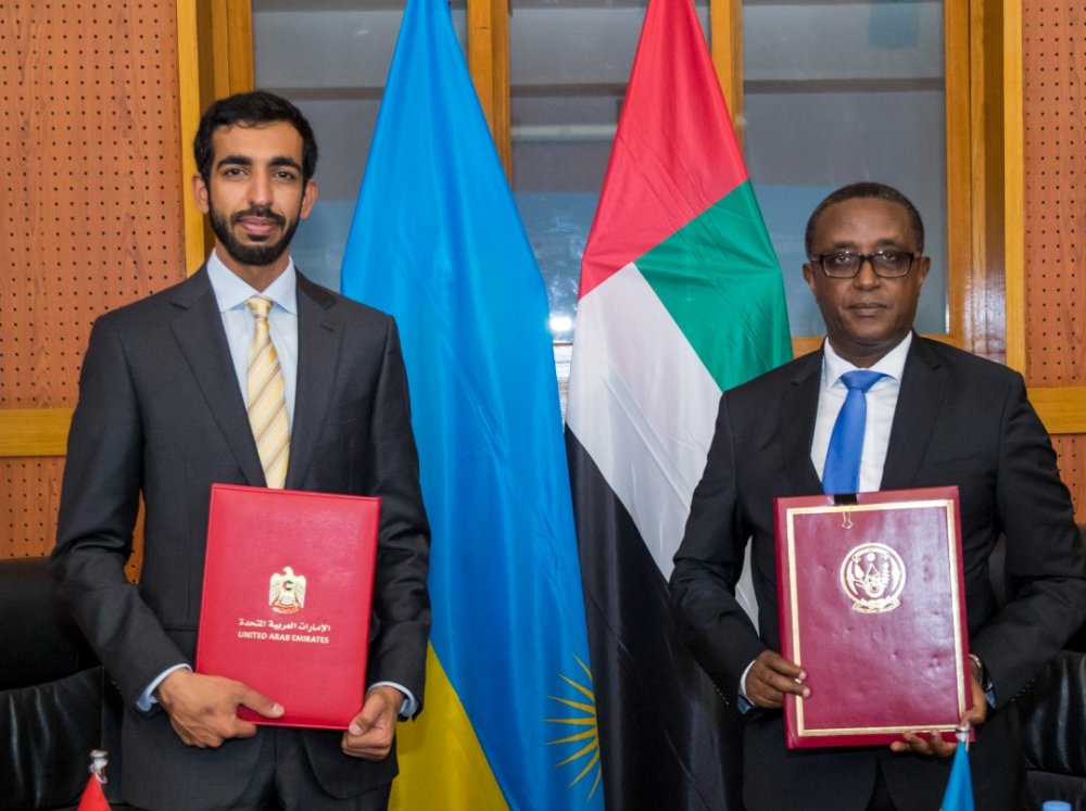 Minister Biruta with Sheikh Shakhboot Bin Nahyan Al Nahyan after signing agreements. 