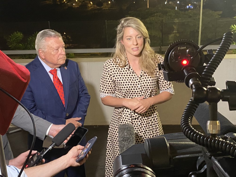 Canada’s Foreign Minister Mélanie Joly speaking to reporters in Kigali.