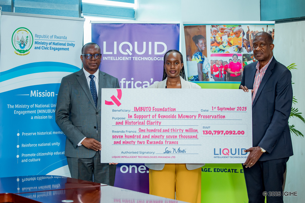 Telecommunications and technology company, Liquid Intelligent Technologies has donated over Frw 130 million to Rwanda’s Ministry of National Unity and Civic Engagement (MINUBUMWE) to support the preservation of genocide memorials and safeguard the history of the 1994 Genocide against the Tutsi.