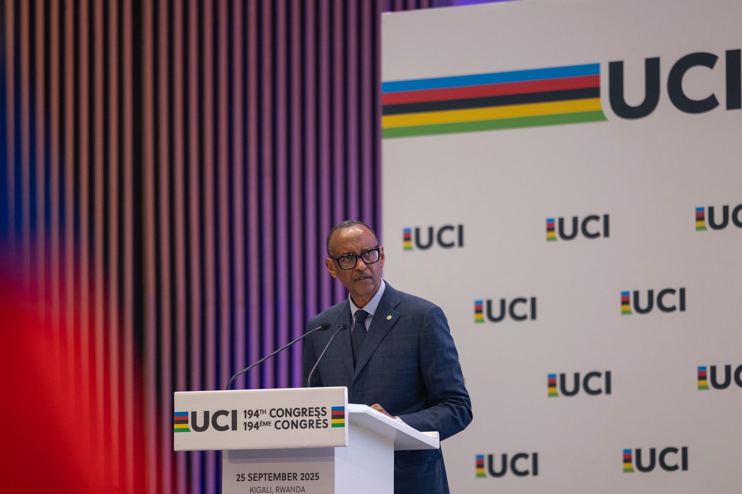 President Kagame speaks during the opening ceremony of the 194th UCI Congress in Kigali on Thursday, September 25, 2025.
