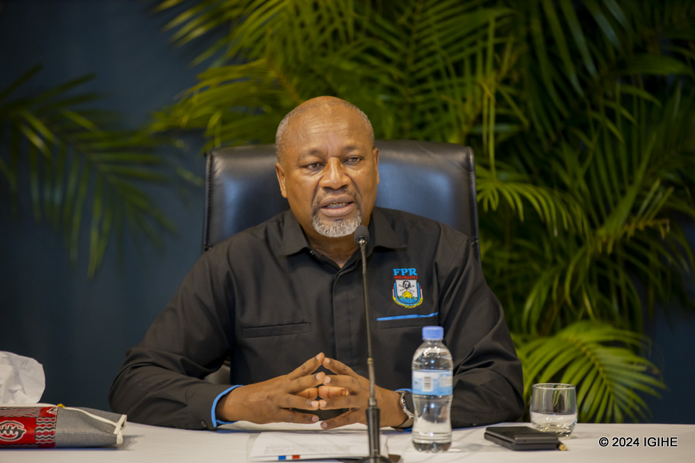 The Secretary General of RPF-Inkotanyi, Wellars Gasamagera during the press conference. 