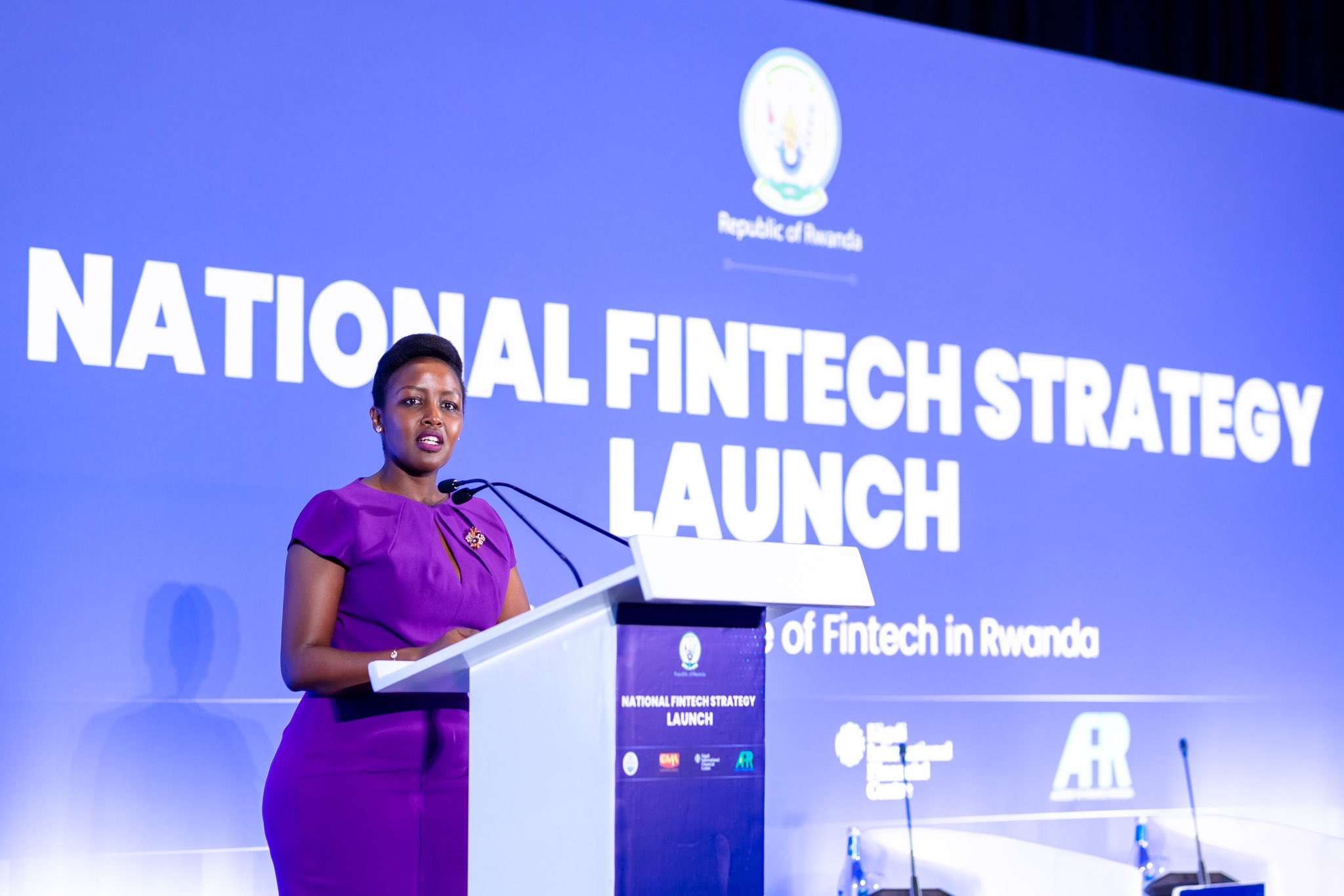 Rwandan Minister of ICT and Innovation Paula Ingabire speaks during the launch of the National Fintech Strategy in Kigali on Thursday, November 28, 2024.