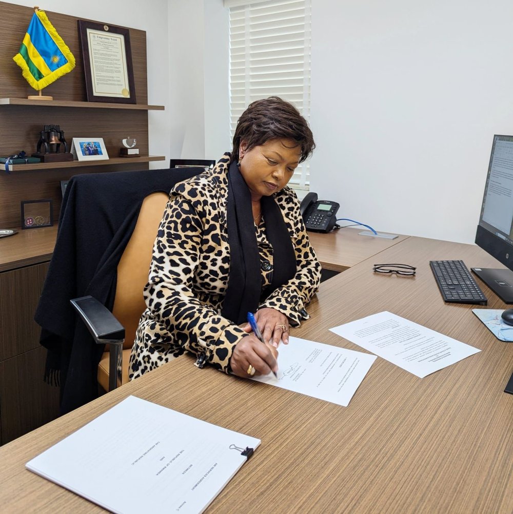 Ambassador to the United States, Mathilde Mukantabana signed the agreement on behalf of Rwanda.
