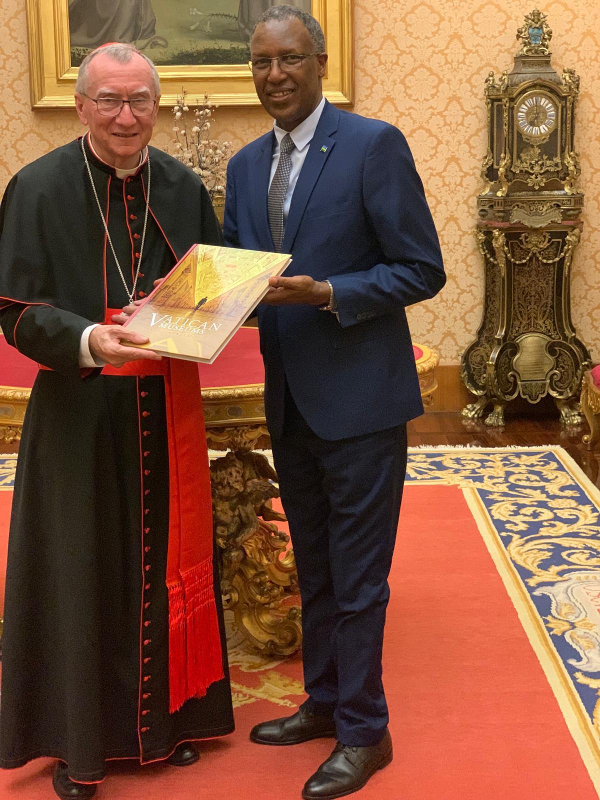 Ambassador James Ngango with His Eminence Cardinal Pietro Parolin, the Secretary of State.