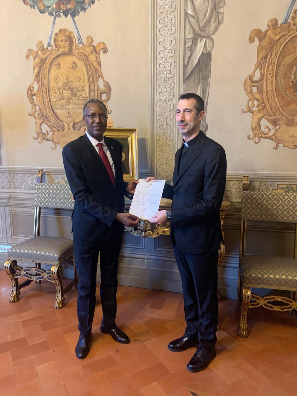 Ambassador James Ngango with Monsignor Roberto Campisi, the Assessor for General Affairs.