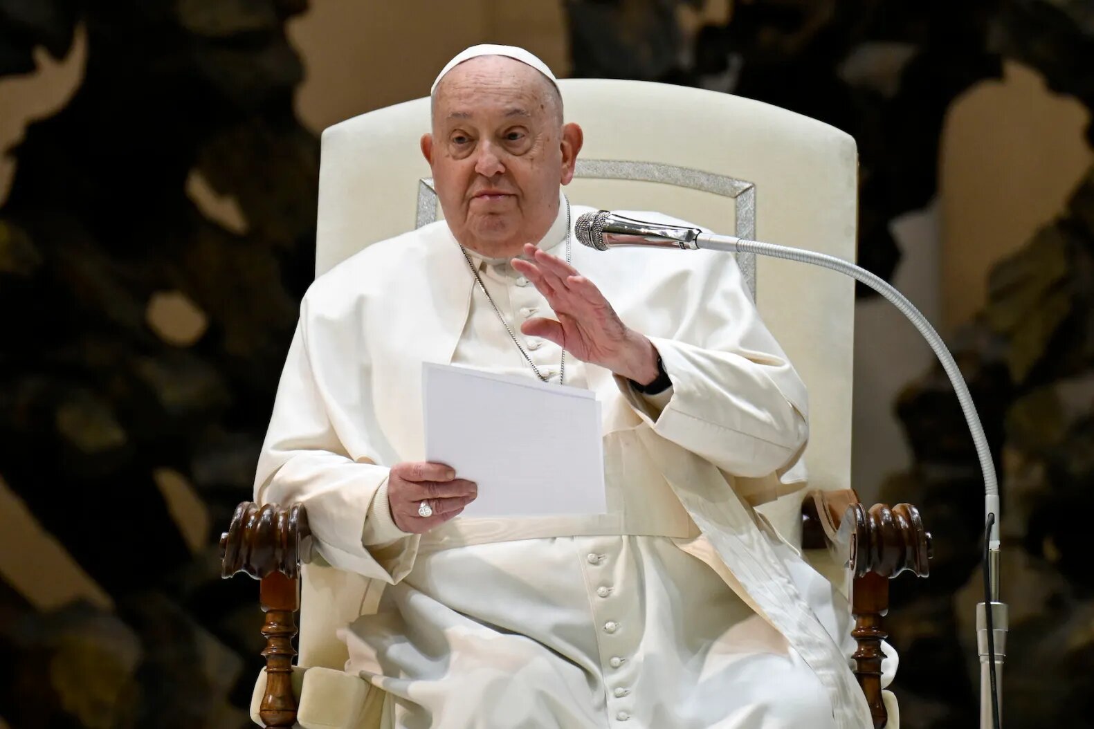 A past photo of Pope Francis at his weekly General Audience at the Paul VI Hall on February 5, 2025, in Vatican City, Vatican. He is set to be discharged on Sunday, March 23, 2025, after five weeks in hospital.