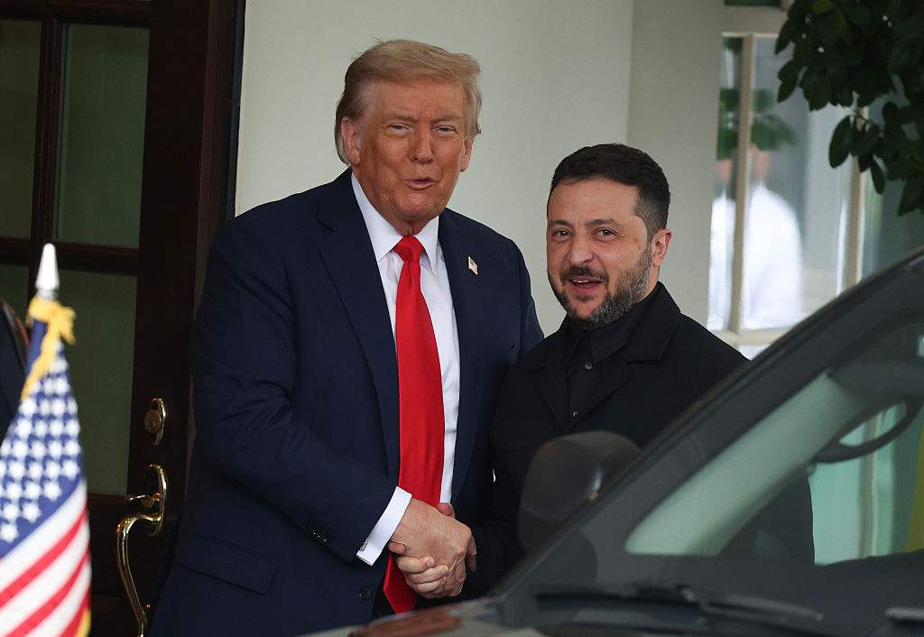 US President Donald Trump greets Ukrainian President Volodymyr Zelensky at the White House on 18 August in Washington, DC. President Trump is hosting President Zelensky at the White House for a bilateral meeting and later an expanded meeting with European leaders to discuss a peace deal between Russia and Ukraine.