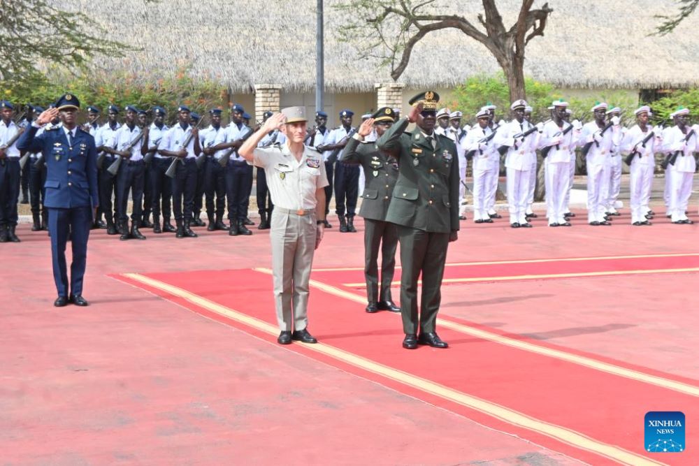Mbaye Cisse (R, front), chief of General Staff of the Senegalese Armed Forces, and Pascal Ianni (L, front), commander of French forces in Africa, attend the handover ceremony of Camp Geille, the largest French military installation in Senegal located in Dakar, Senegal, on July 17, 2025. France on Thursday handed over its last two military facilities in Senegal to local authorities, marking the end of its permanent military presence in the West African country. (Photo by Papa Demba Gueye/Xinhua)