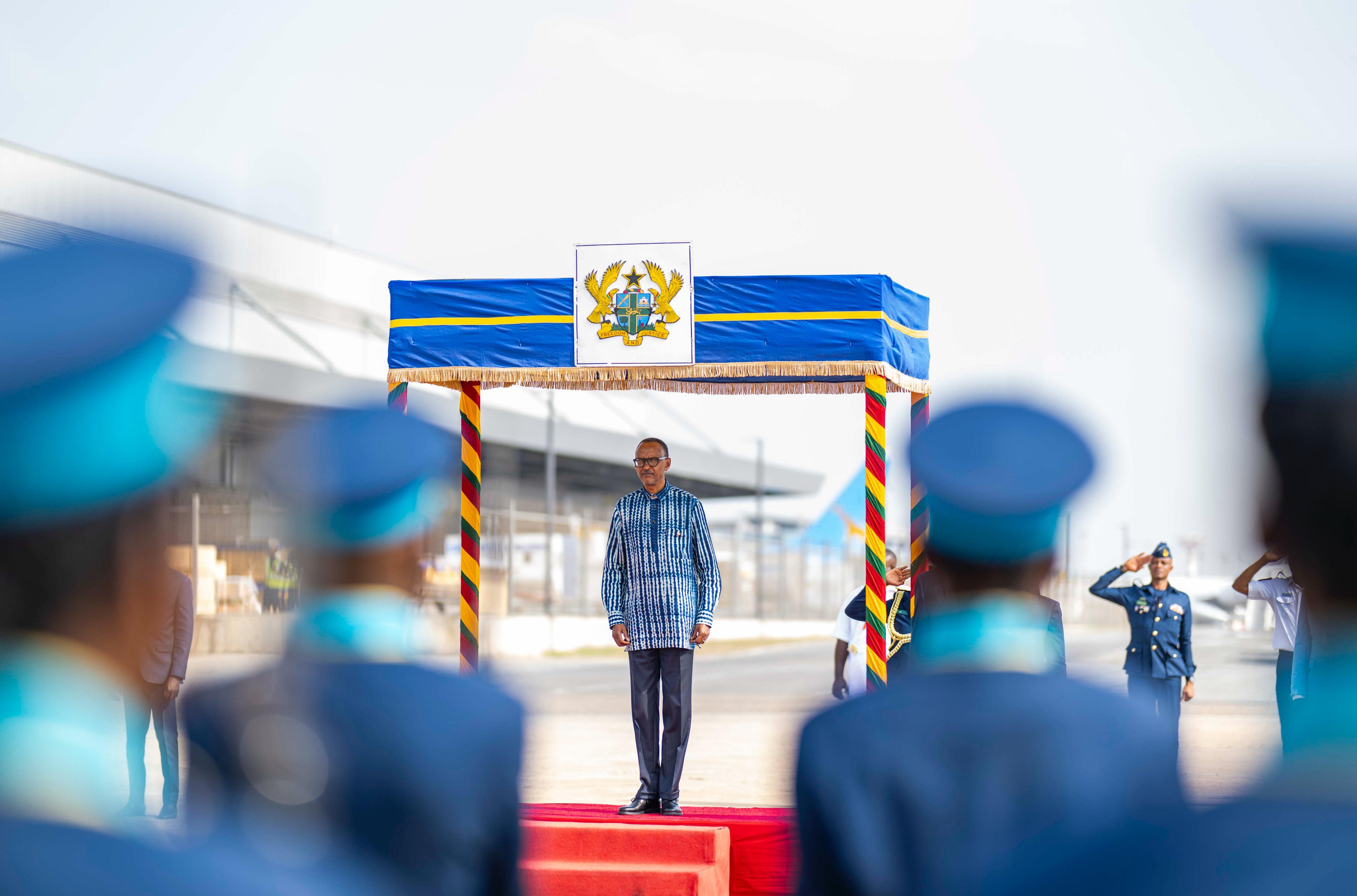 The Head of State arrived in Accra on Tuesday morning and was warmly received by the local military and traditional dancers.