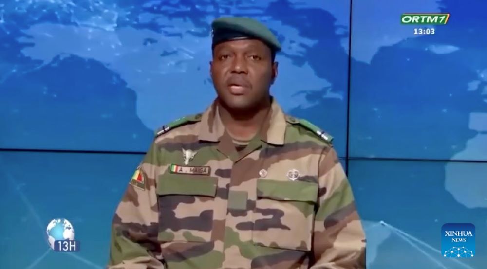 A screenshot taken from a video shows Colonel Abdoulaye Maiga, Malian minister of Territorial Administration and Decentralization, and spokesperson for the transitional government of Mali, reading a joint statement in the television news of Malian television (ORTM), Jan. 28, 2024. Mali, Burkina Faso and Niger are no longer members of the Economic Community of West African States (ECOWAS), military officials of the three countries decided in a joint statement read this Sunday in the television news of Malian television (ORTM). (Xinhua)