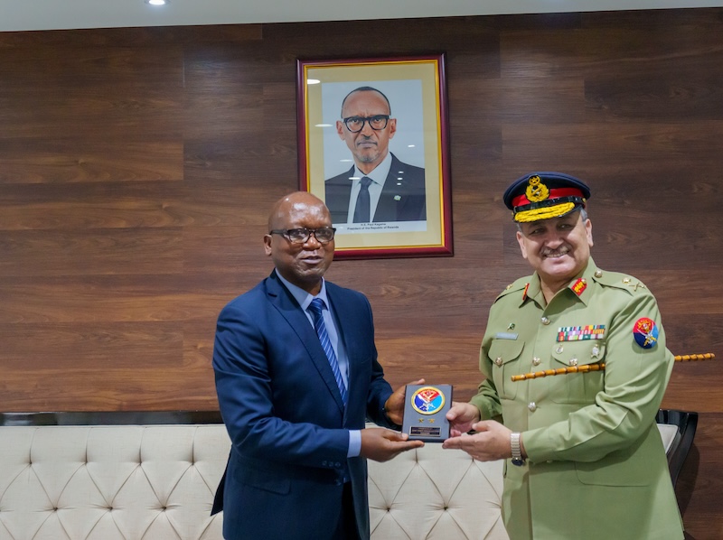 Hon. Juvenal Marizamunda, Rwanda's Minister of Defense, with Maj Gen Muneer-ud-Din, Director General of Foreign Military Cooperation at the Joint Staff Headquarters of the Pakistan Armed Forces (PAF).