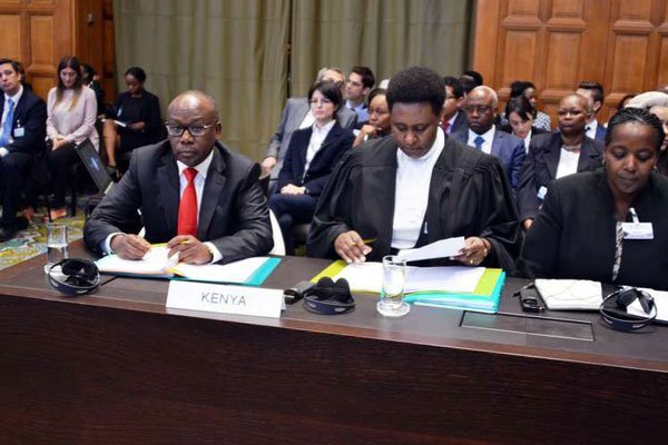 Members of the Kenya's Legal team on International Affairs led by the Attorney General and Head of Delegation, Professor Githu Muigai (front left) after the preliminary objections on the Maritime Delimitation in the Indian Ocean, Somalia Versus Kenya Case on Tuesday at the International Court of Justice, at The Hague, Netherlands.