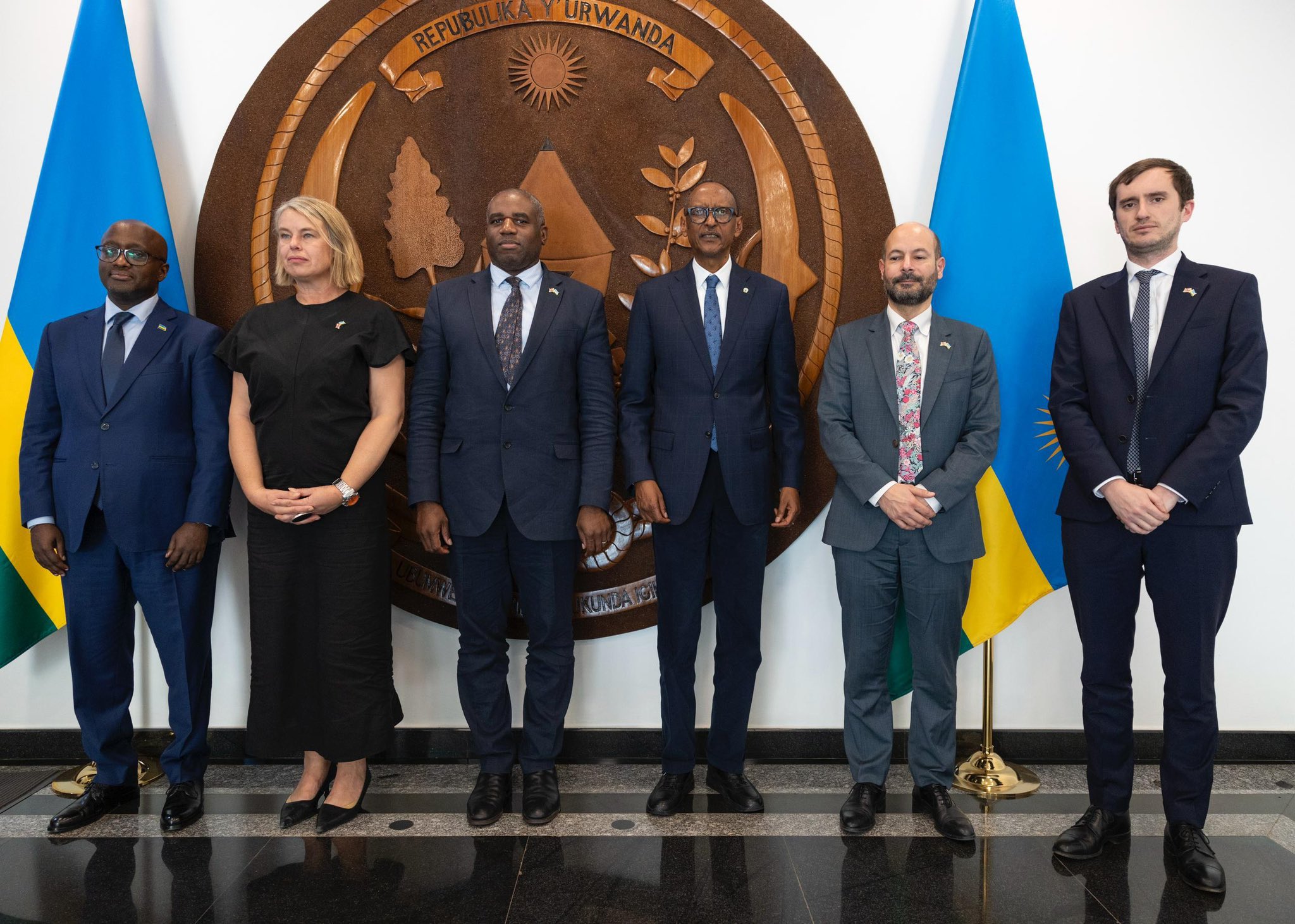President Paul Kagame and UK Foreign Secretary David Lammy pose for a photo with other senior officials during a meeting on Saturday, 22 February 2025.