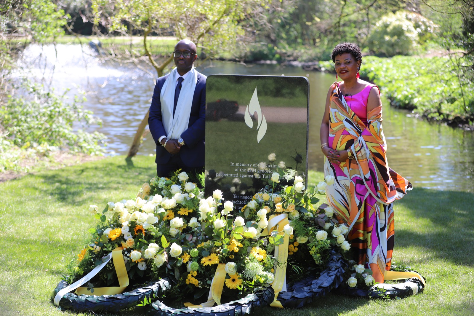 Christine Safari, pictured here with Rwanda's Minister for Foreign Affairs, Olivier Nduhungirehe, played a pivotal role in the inauguration of the first memorial for the Genocide against the Tutsi in the Netherlands on April 19, 2023.