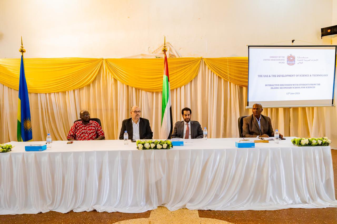 His Excellency Hazza Al Qahtani, the UAE Ambassador to Rwanda, with officials of the Secondary School for Sciences at the Islamic Cultural Center in Kigali.