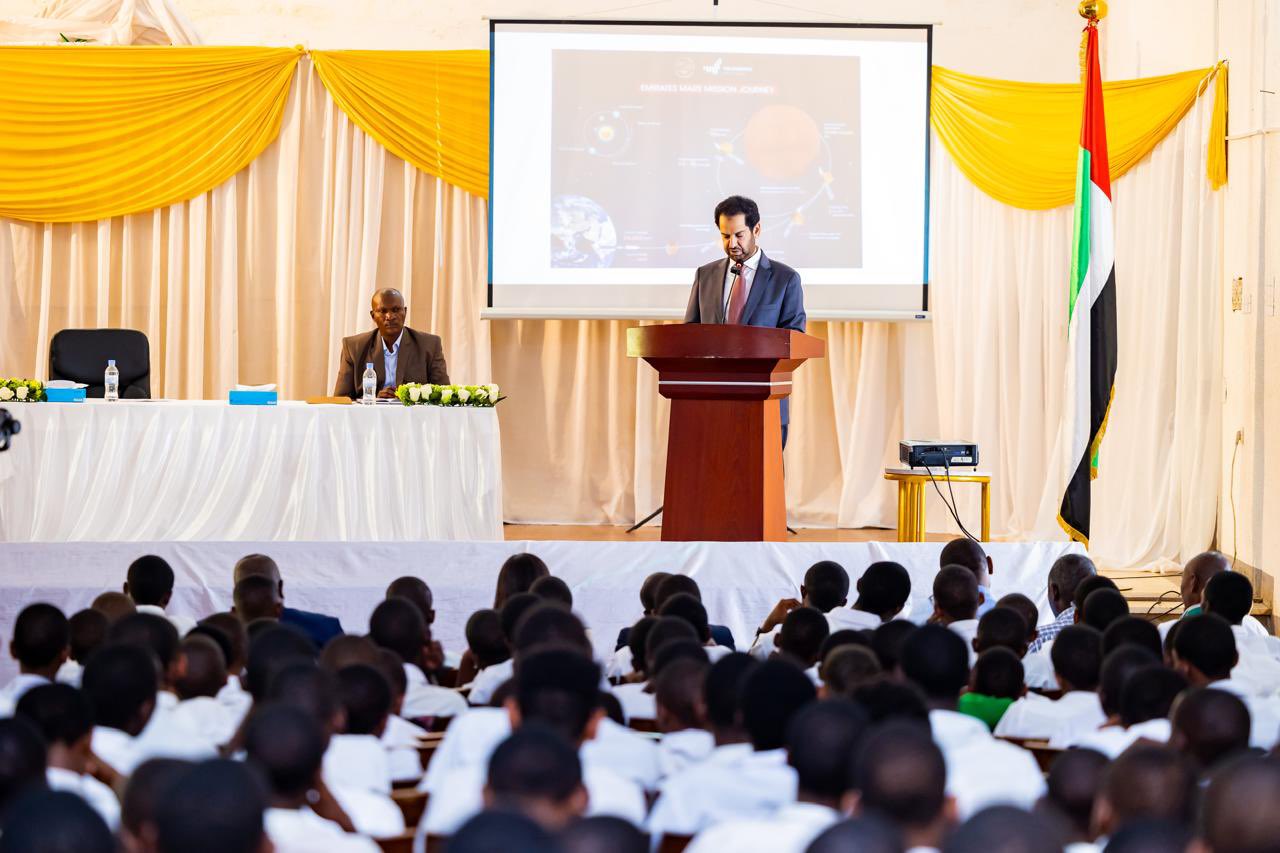 His Excellency Hazza Al Qahtani, the UAE Ambassador to Rwanda, addresses students and teachers at the Secondary School for Sciences at the Islamic Cultural Center in Kigali. 