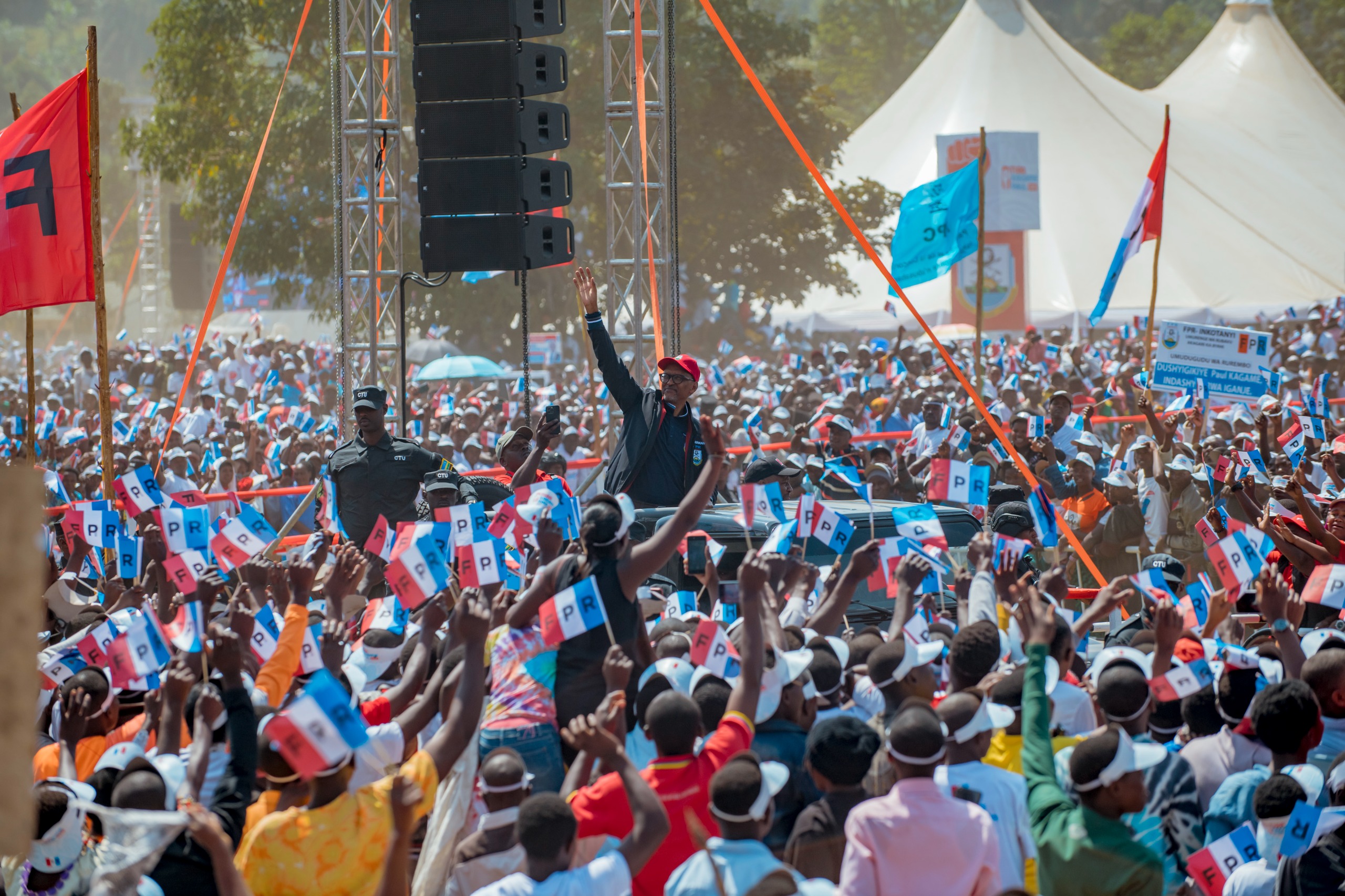 RPF presidential flag bearer Paul Kagame receives a warm reception at Rugerero sector in Rubavu District on June 23, 2024.