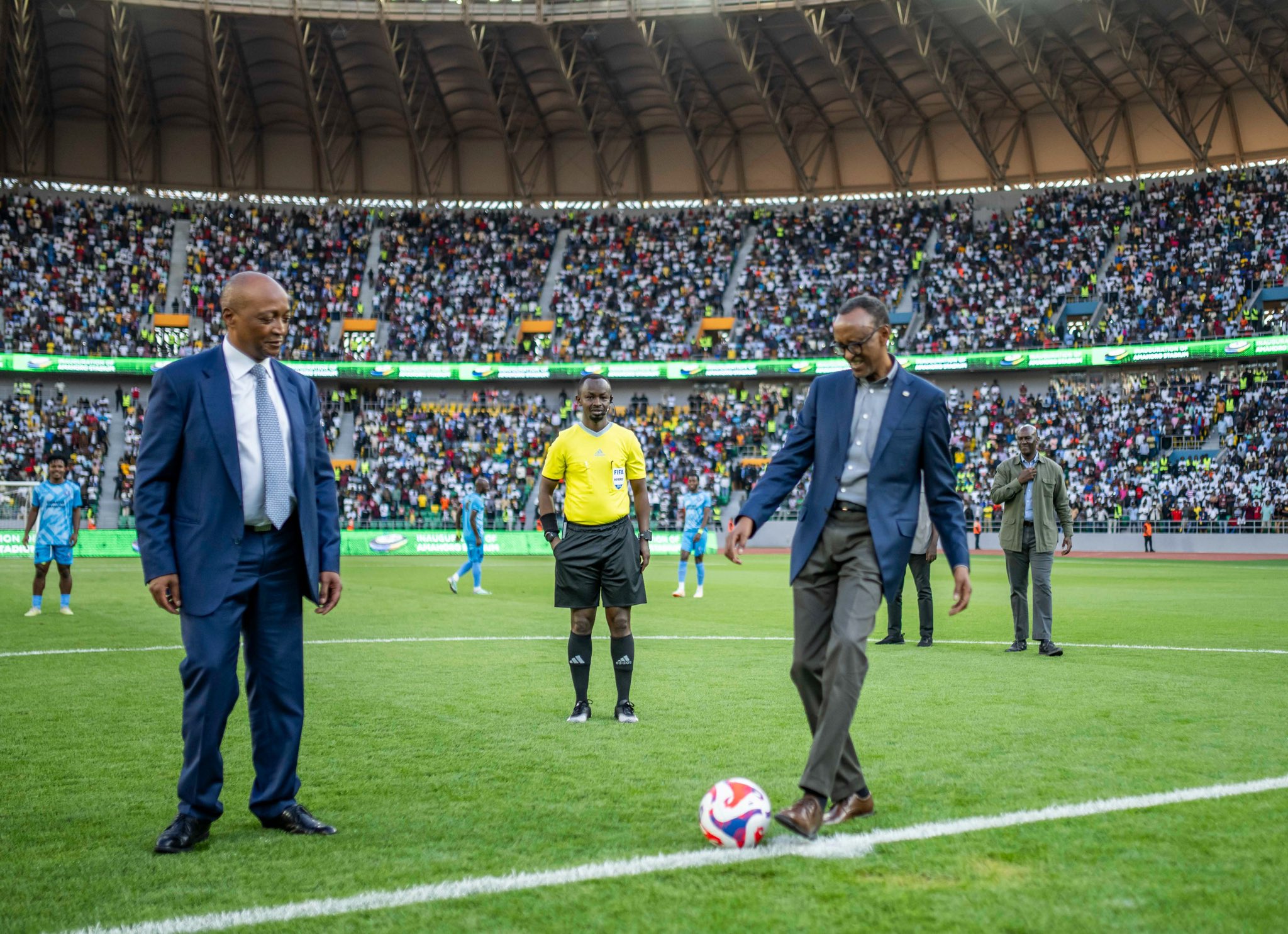 The CAF boss was among the dignitaries who attended the opening ceremony, which featured a trophy match between APR FC and Police FC to mark the inauguration.