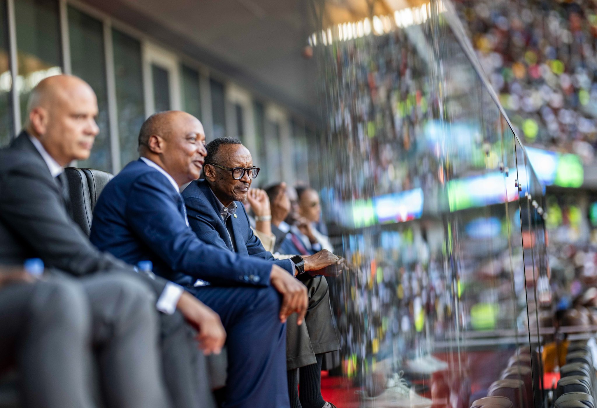 President Kagame and CAF President Patrice Motsepe follow the match between APR FC and Police FC  at Amahoro Stadium.