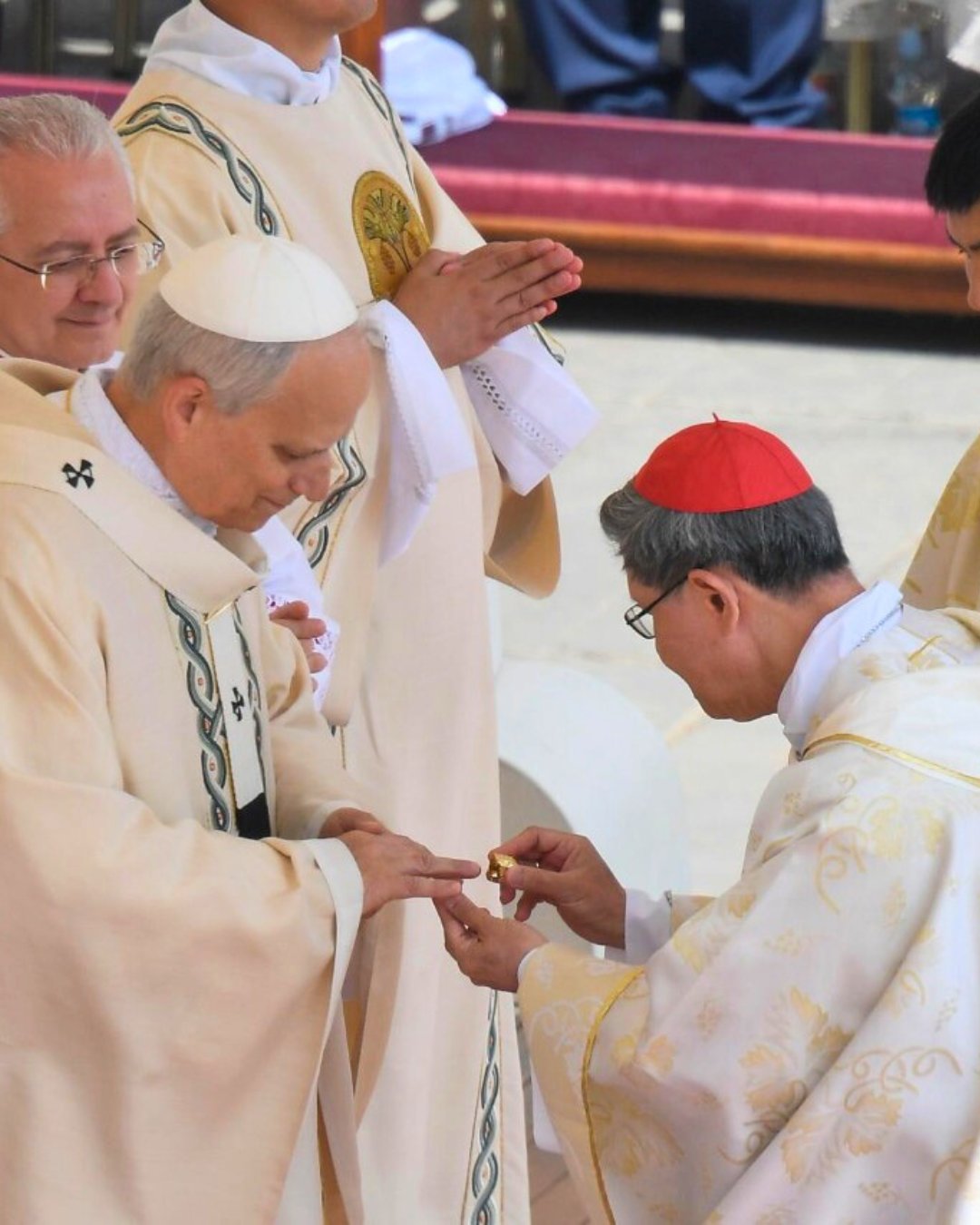 Pope Leo XIV receives the Ring of the Fisherman from Cardinal Luis Antonio Tagle during the Mass of Inauguration in St. Peter’s Square on Sunday, May 18. 