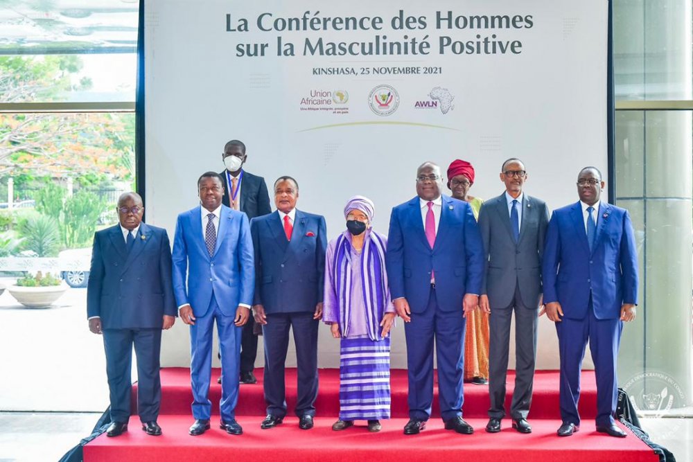 Heads of State and other dignitaries in a group photo after attending the the men’s conference on Positive Masculinity. 