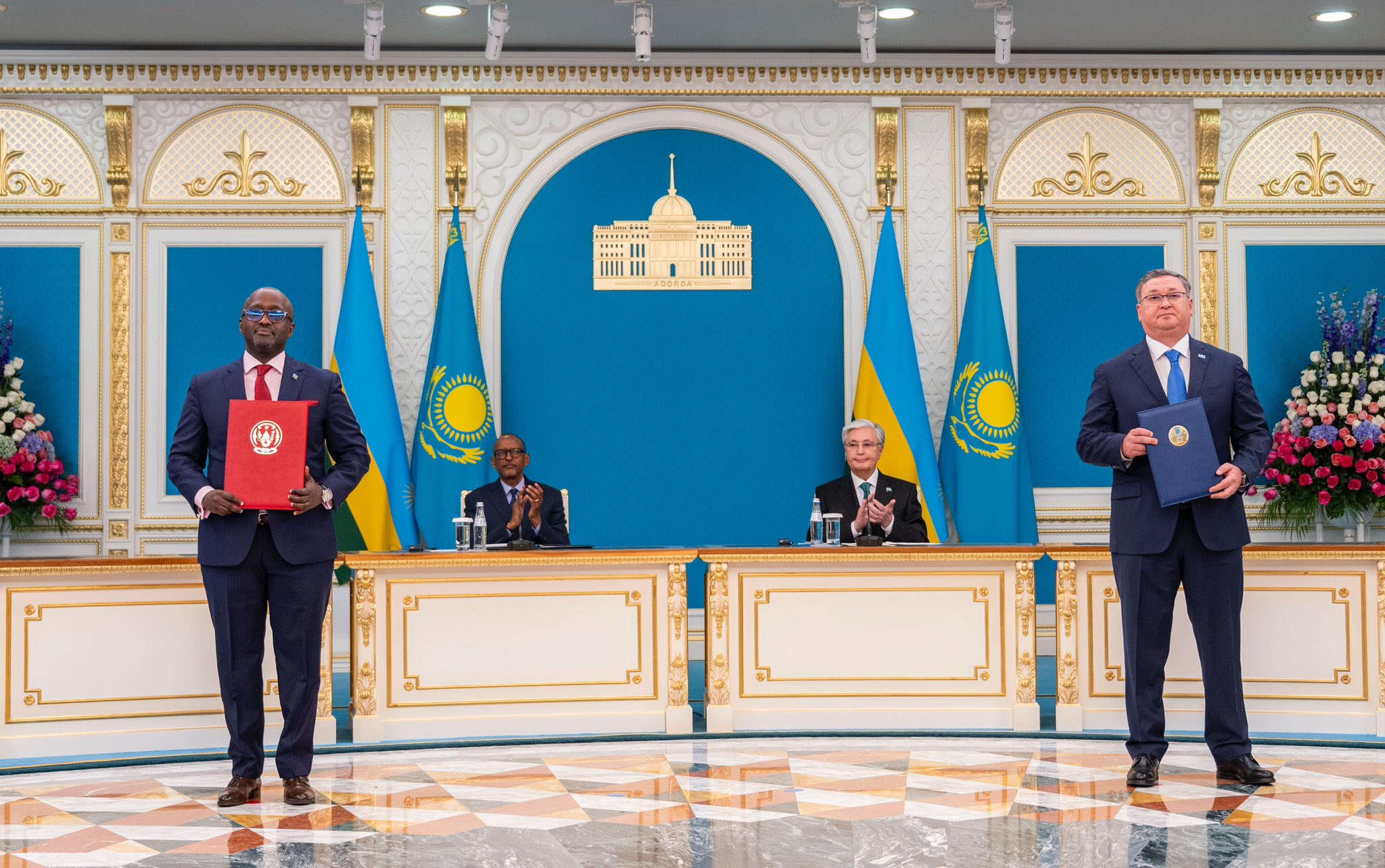 The signing ceremony was witnessed by President Paul Kagame and his Kazakhstani counterpart, Kassym-Jomart Tokayev, at the Aqorda Presidential Palace in Astana. Rwanda’s Minister of Foreign Affairs and International Cooperation, Olivier Nduhungirehe (left), was among part of the President’s delegation.