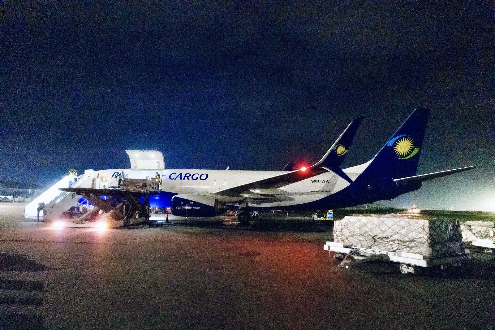 The aid was transported by Rwanda’s national carrier, RwandAir, on a cargo flight.
