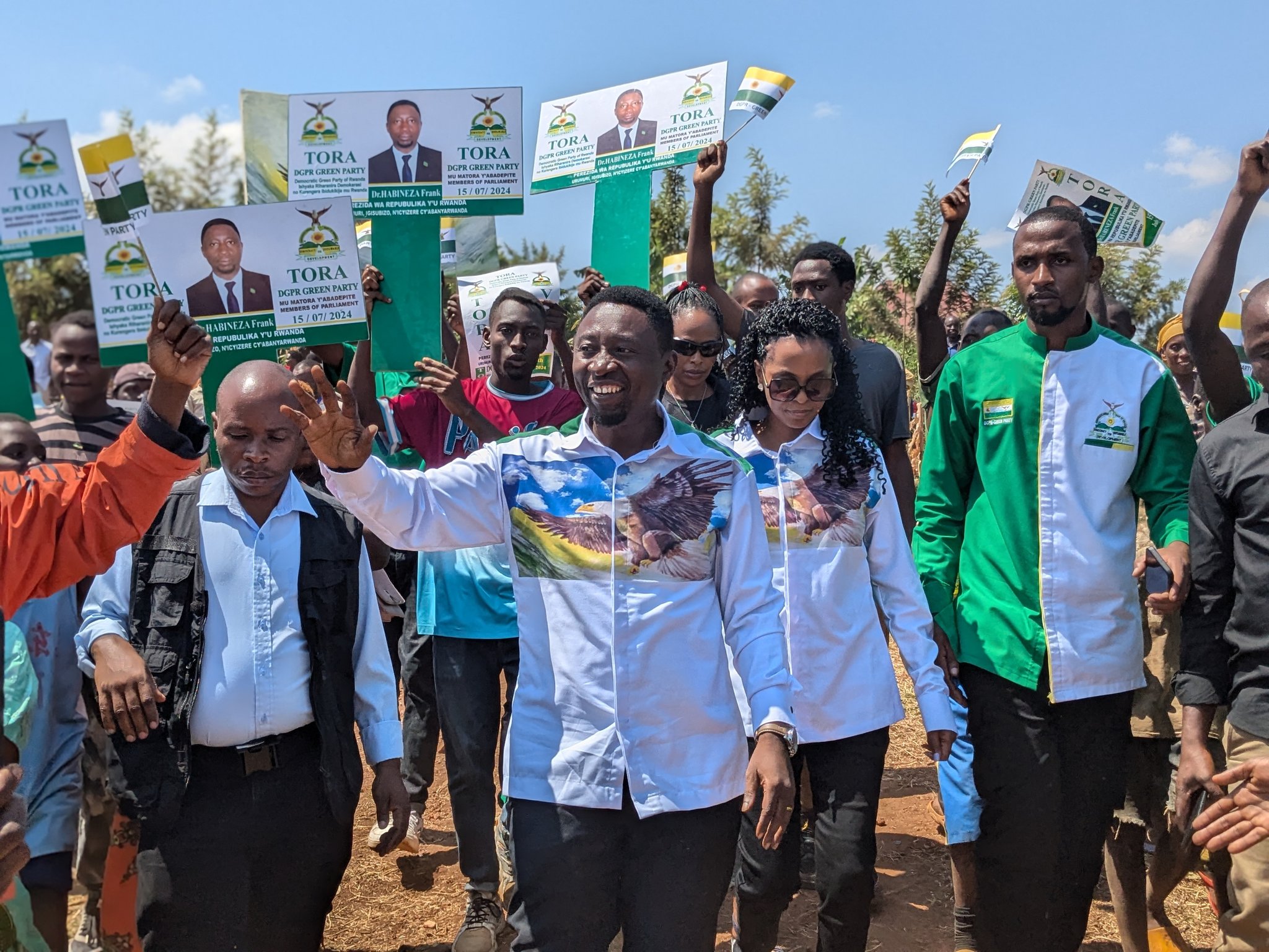 Democratic Green Party of Rwanda chairman and presidential candidate, Frank Habineza, arrives at the Kigabiro campaign site in Rwamagana District on July 13, 2024.
