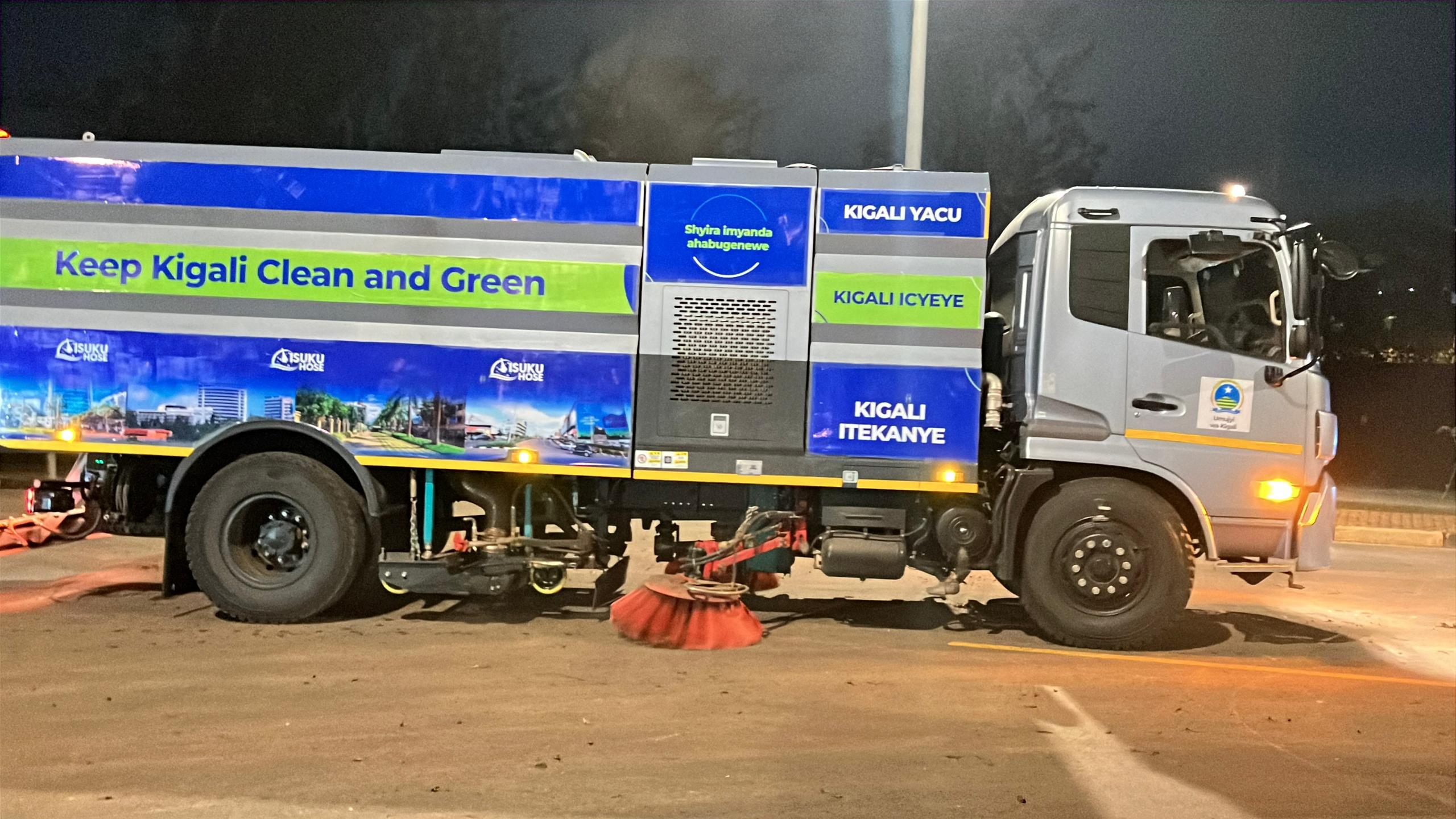 The vehicle is designed to sweep tarmacked roads in dirty areas using built-in brushes.