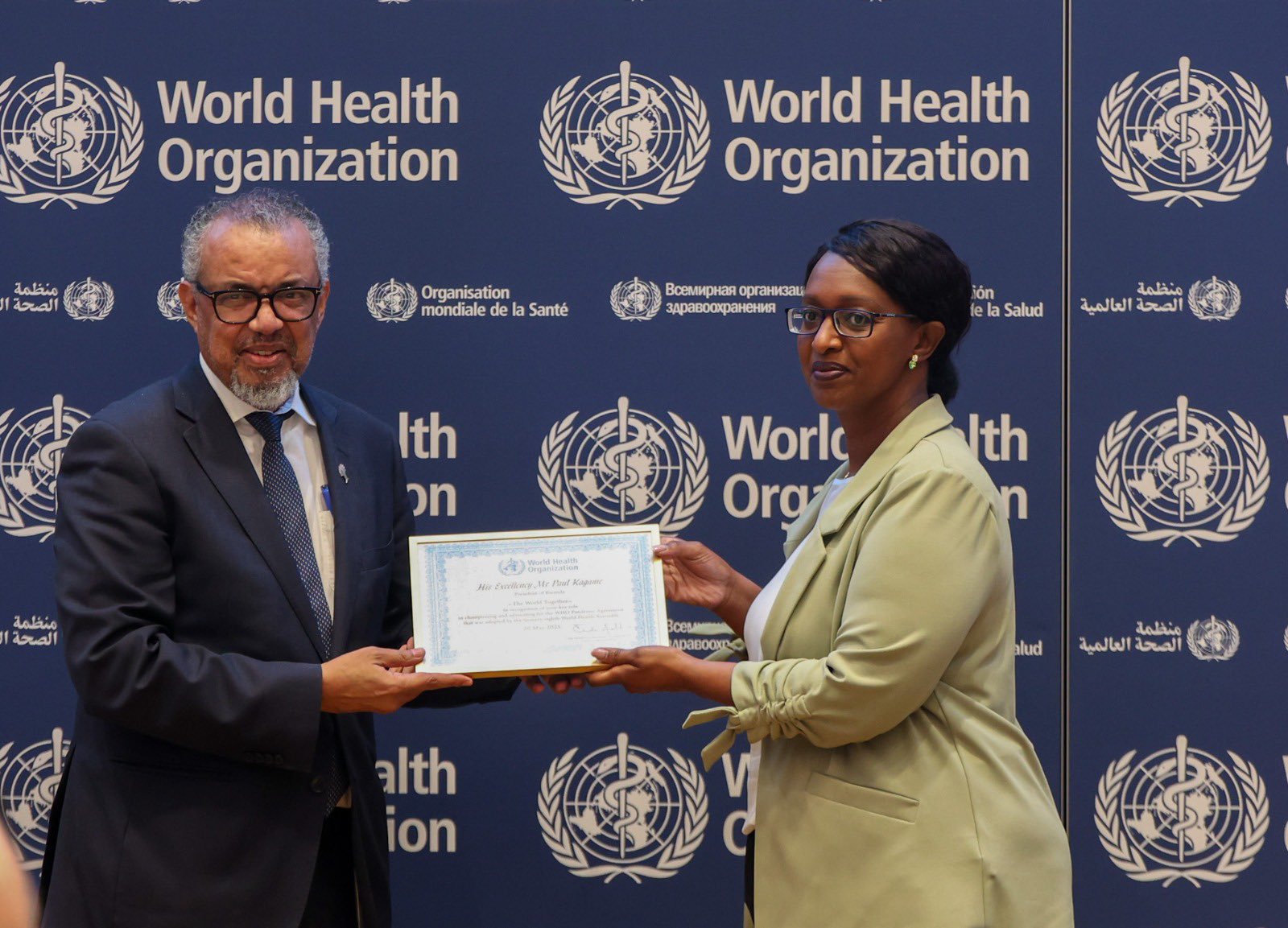 In recognition of his advocacy, WHO awarded President Kagame a certificate of recognition, which was received on his behalf by Rwanda’s Permanent Representative to the United Nations Office in Geneva, Ambassador Urujeni Bakuramutsa.