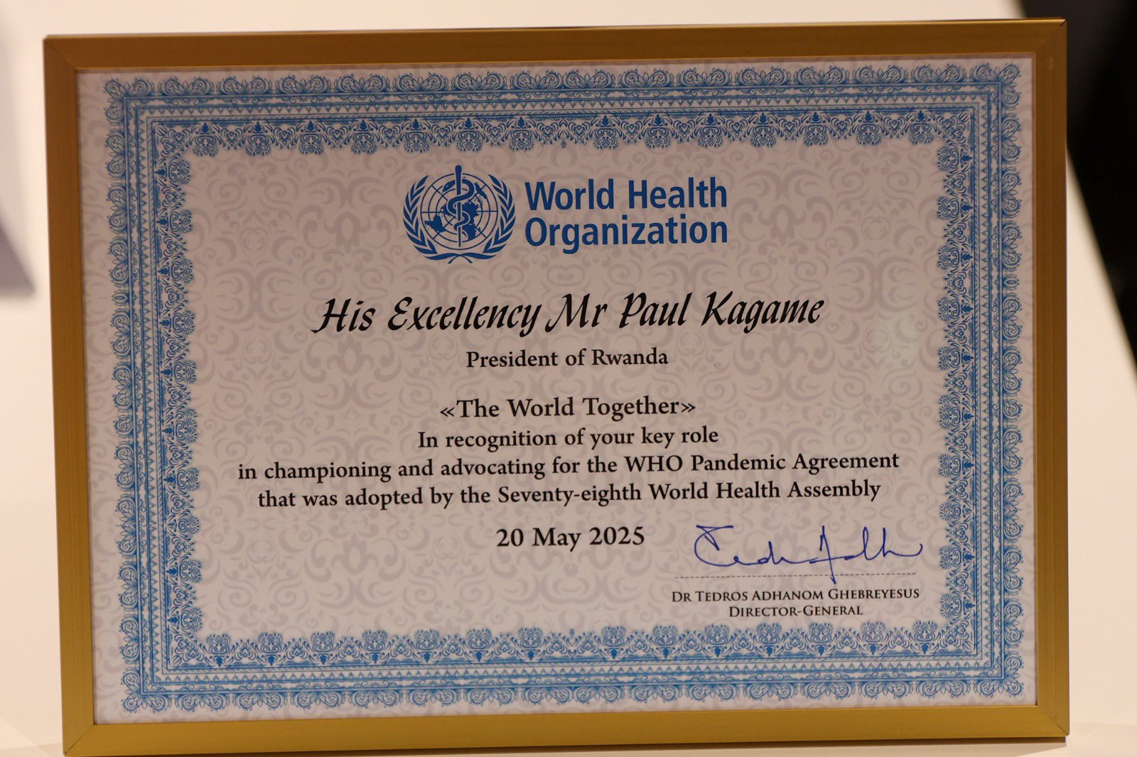 The World Health Organisation (WHO) has honoured Rwandan President Paul Kagame for his global leadership in advocating for a legally binding pandemic agreement.