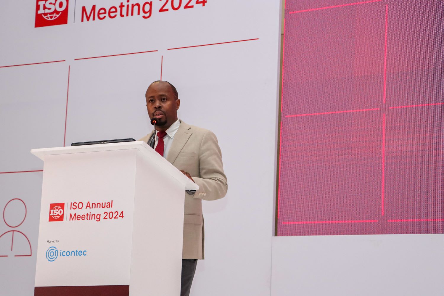 Rwanda Standards Board Director General Raymond Murenzi makes his speech at the 2024 ISO annual meeting held in Cartagena, Colombia.