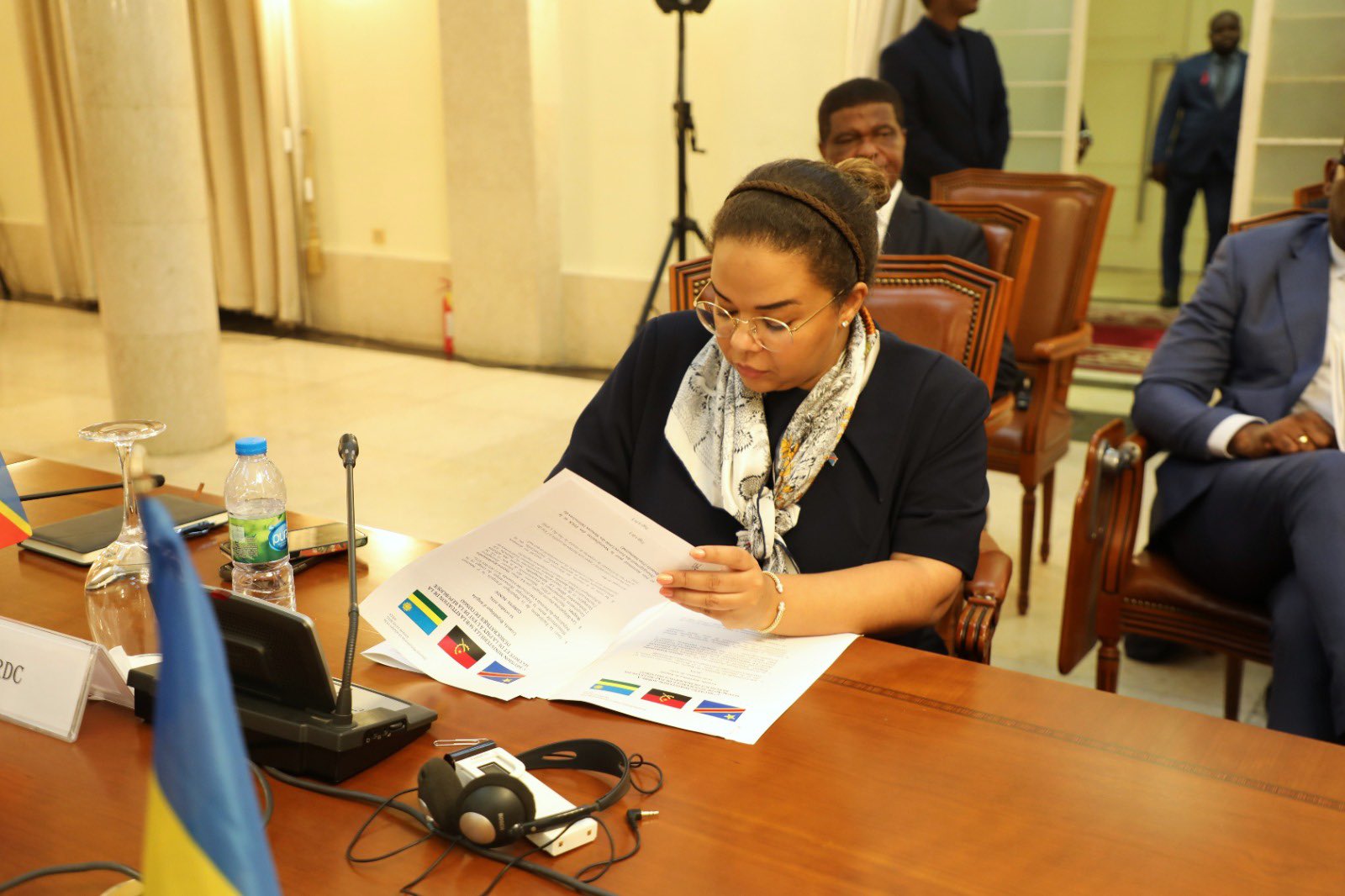 Thérèse Kayikwamba Wagner, the Minister of Foreign Affairs of the Democratic Republic of the Congo, signs the document outlining resolutions of the meeting.