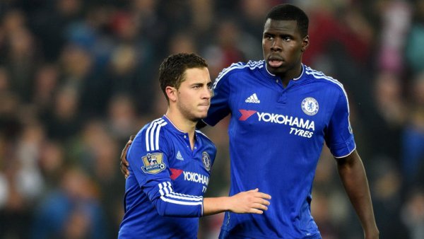 Eden Hazard (left) is consoled by Kurt Zouma after missing the 10th penalty
