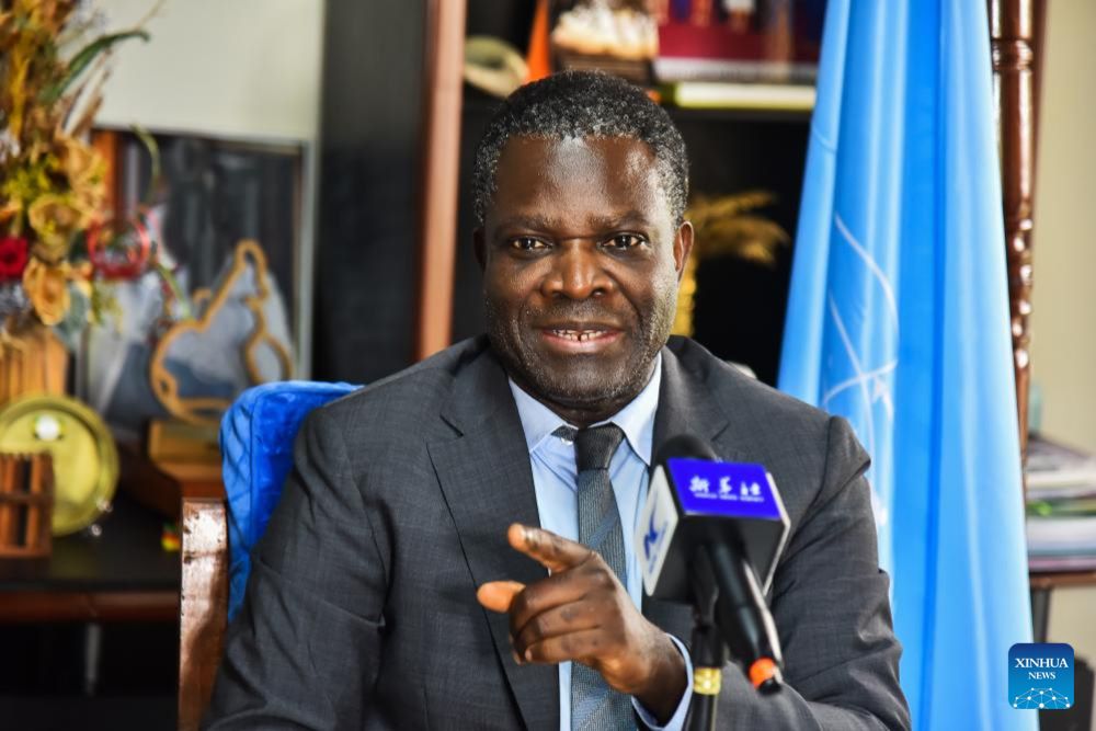 Raymond Tavares, a representative in Cameroon and Central Africa of the United Nations Industrial Development Organization (UNIDO), speaks during an interview with Xinhua in Yaounde, Cameroon, Oct. 13, 2023. (Photo by Kepseu/Xinhua)