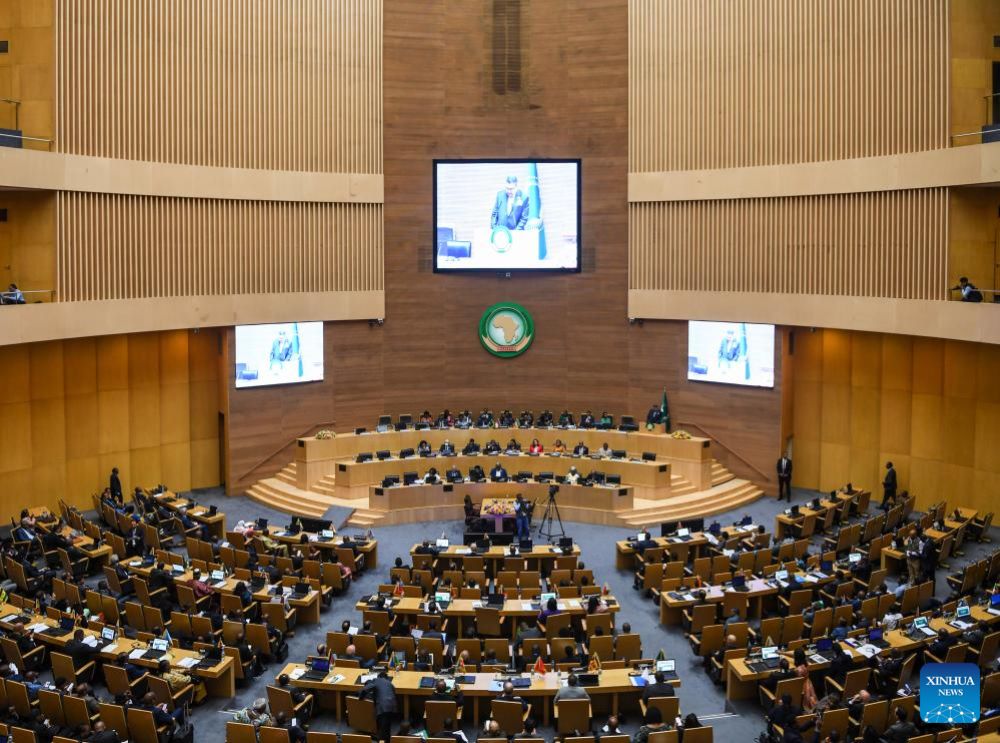 This photo taken on Feb. 14, 2024 shows the 44th Ordinary Session of the Executive Council of the African Union (AU) at the AU headquarters in Addis Ababa, Ethiopia.  The 44th Ordinary Session of the Executive Council of the AU began Wednesday at the AU headquarters in Addis Ababa, the Ethiopian capital, with a call for increasing efforts to ensure continental stability and quality education in Africa. (Xinhua/Li Yahui)
