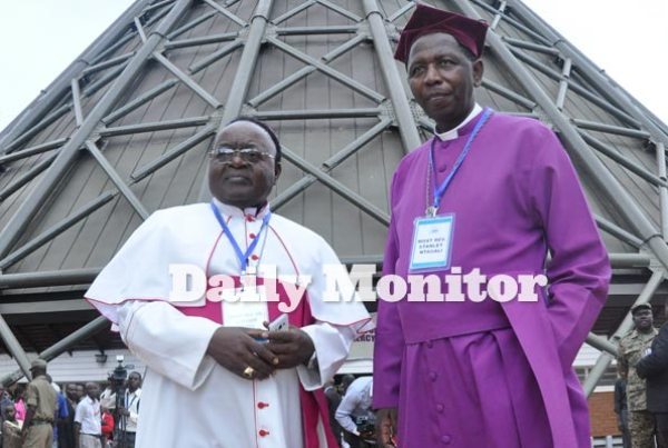 Archbishop of Kampala Archdiocese Cyprian Kizito Lwanga (left) and Archbishop of Church of Uganda Stanley Ntagali at Uganda Martyrs Shrine Namugongo on Wednesday, a day before they called for electoral reforms.