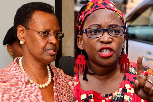 Janet Museveni (L) and Dr Stella Nyanzi.