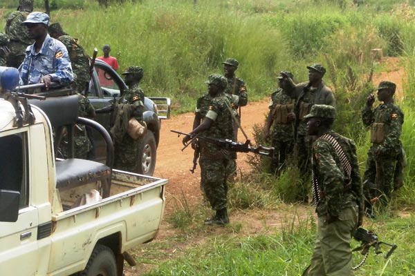 Tight secuirty. Some of the policemen and soldiers deployed to provide security along South Sudan-Uganda border in Moyo District.