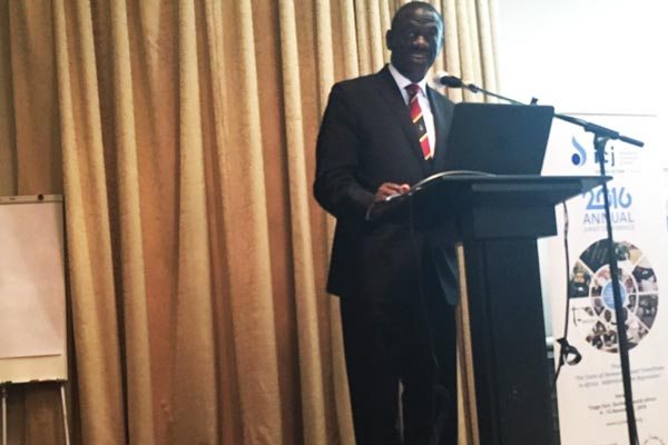 Dr Kizza Besigye addressing the 2016 annual Jurists Conference about Democracy in Africa which was held in Durban, South Africa on Thursday.
