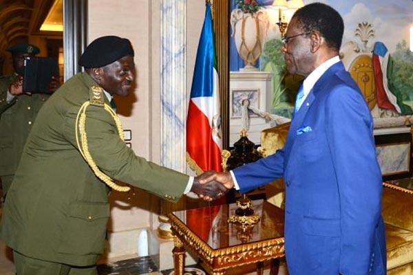 Welcome. Former Chief of Defence Forces, Gen Katumba Wamala (left) meets president Teodoro Obiang Nguema Mbasogo in Malabo, Equatorial Guinea, on July 28 last year.