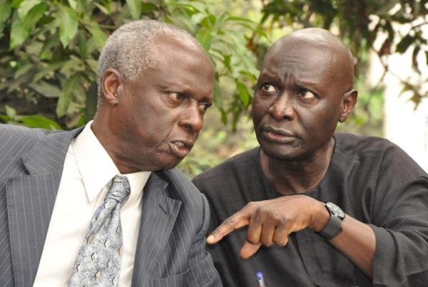 UPC party president Olara Otunnu (R) and vice president Joseph Bbosa during the press conference yesterday
