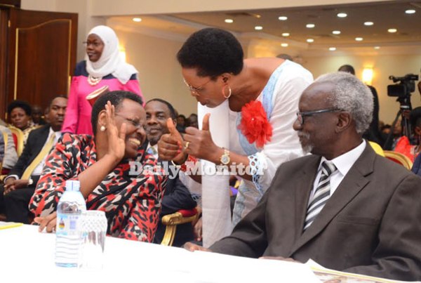 Left to Right: Ministers Janet Museveni (Education), Beti Kamya (Kampala) and Kirunda Kivejinja (Public Service) at the swearing-in ceremony at State House Entebbe yesterday.