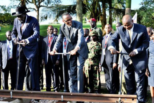Presidents L-R; Salva Kiir, Paul Kagame and Yoweri Museveni launch the construction of the Standard Gauge Railway in 2014.