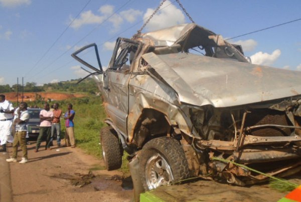 A wreckage of vehicle that was involved in an accident at Katende on Kampala-Masaka highway, killing five people on the spot mid this year.